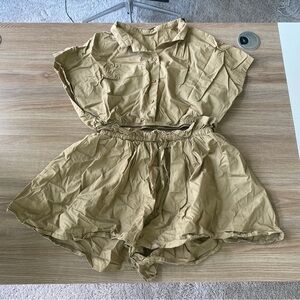 Tan khaki set - drawstring shorts and button up shirt